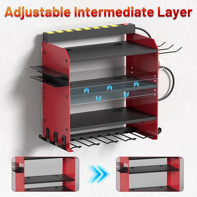 CFMASTER Power Tool Organizer Wall Mount with Charging Station - Heavy-Duty Cordless Drill Holder,Adjustable Tool Storage Rack for Garage,Workshop,Wall-Mounted Tool Organizer Gifts for Fathers Day