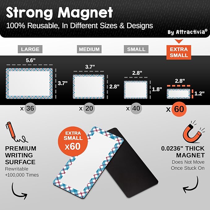 Attractivia Erase Magnetic Labels 2.8 x 1.2 in, Pattern Borders, Dry Erase Magnets, 60-Pack, White Erasable Write-On All-Purpose Labels, for Office, Education, Home, Whiteboard, Magnetic Name Tags
