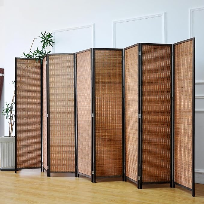 Furnnylane 8 Panel Bamboo Room Divider and Folding Panel Screen,Bamboo Panel Divider for Room Separation,Brown,67" H x 122.8" W
