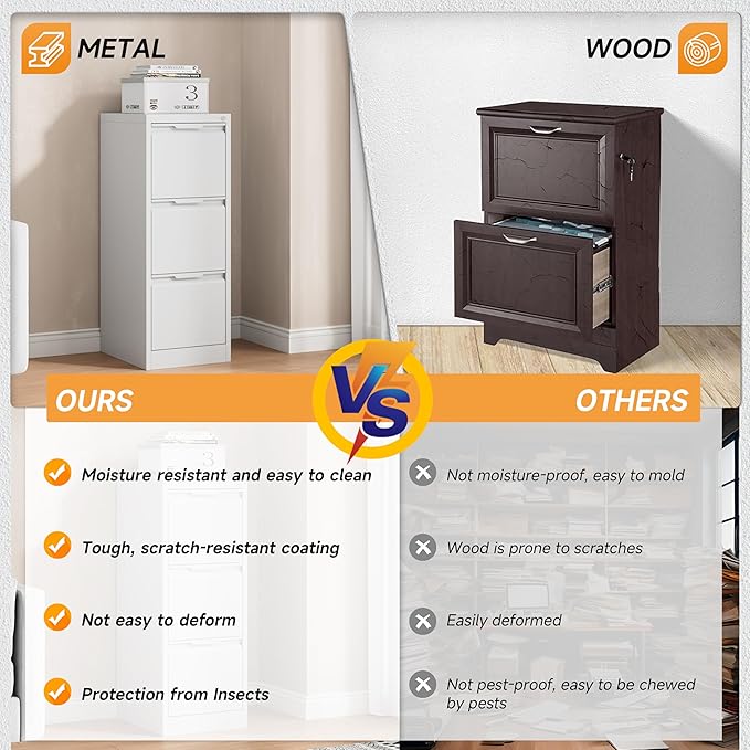 Bestoo 3-Drawer File Cabinet with Lock, Metal Filing Cabinet for Home Office, Vertical Filing Storage Cabinets, Fits File Folders, Letter/Legal/F4/A4 Size, Assembly Required (White)