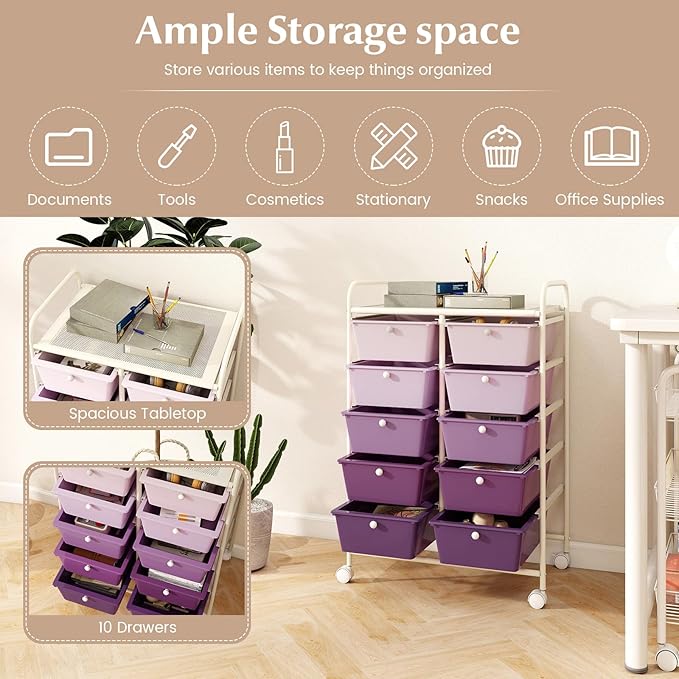 LDAILY 10 Drawer Rolling Cart, Storage Cart Organizer on Wheels, Drawer Cart with Metal Frame & Large Storage Capacity, Rolling Cart with Drawers for Living Room Classroom, Office