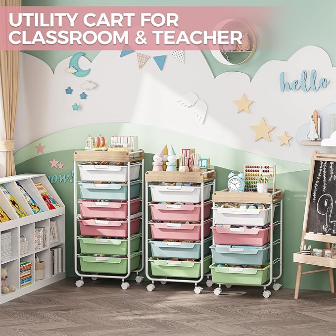 Rolling Storage Utility Cart With 4 Drawers,Kids Craft Art Cart,Makeup Organizer And Storage with Wooden Tabletop,Rainbow