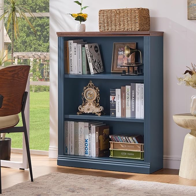 RWYHG 43" Blue Tall Bookshelf Set of 3,3-Tier Thick Wooden Book Shelf with Adjustable Shelves,Free Standing Farmhouse Bookcase with Open Display Storage,Floor Vintage Bookshelves for Living Room ﻿