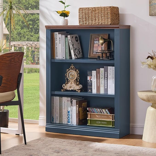 RWYHG 43" Blue Tall Bookshelf,3-Tier Thick Wooden Book Shelf with Adjustable Shelves,Free Standing Farmhouse Bookcase with Open Display Storage,Floor Vintage Bookshelves for Living Room,Office