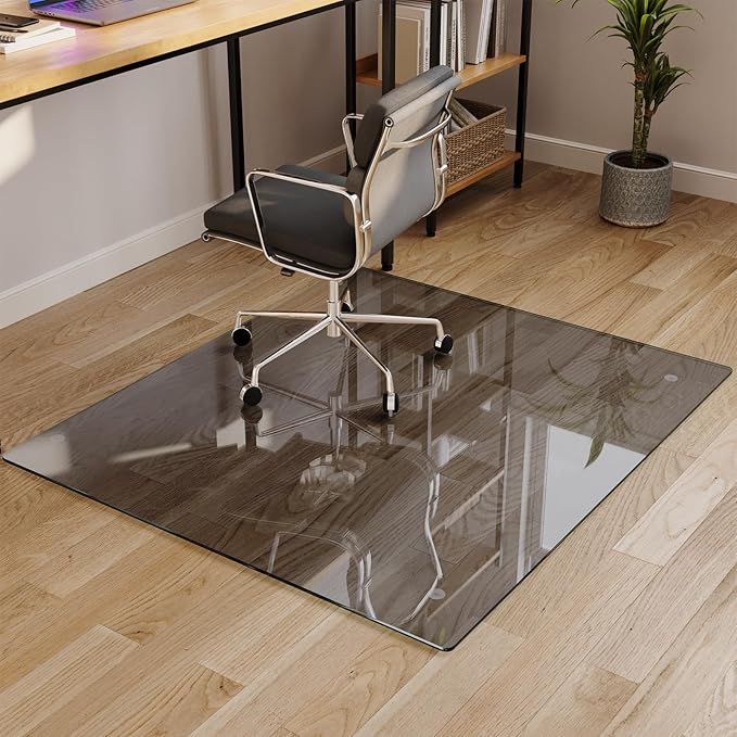 Koonmi Tempered Glass Chair Mat for Hardwood Floors & Carpets, 42" x 48“ Grey Heavy Duty Office Floor Protector, Scratch & Dust Concealing, Noise-Free for Home Office Desk