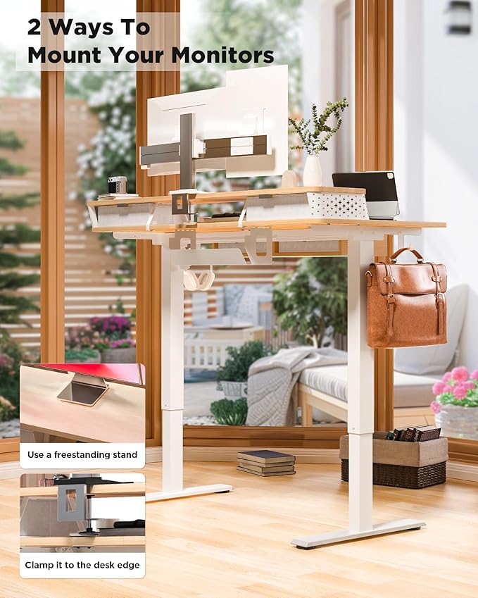 FiCiHi Electric Standing Desk with Four Drawers, Adjustable Height Sit Stand Desk, C-Clamp Compatible Home Office Desk with Storage Shelf & Monitor Stand Riser, 40 x 24 Inch, Maple