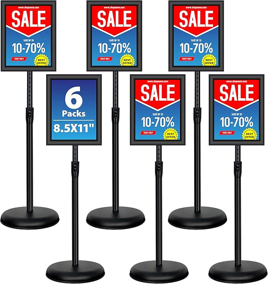 VAIIGO 6Packs 8.5x11 Inch Adjustable Pedestal Poster Sign Stand, Heavy Duty Floor Standing Sign Holder Stand Aluminum Snap Open Frame for Vertical and Horizontal View Sign Displayed(Black)