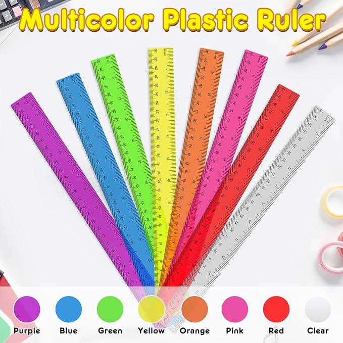 32 Pack Clear Plastic Ruler 12 Inch, Rulers Bulk for Classroom, Transparent Assorted Color Ruler with Centimeters and Inches, Metric Rulers for Kids, Ideal Back to School Office Home Supplies