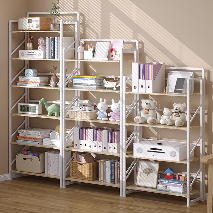 JSB Folding Bookshelf,Industrial Storage Shelves, No Assembly Vintage Wood Look Bookshelf with Storage Shelves for Living Room, Bedroom, Office (White, 5-Tier)