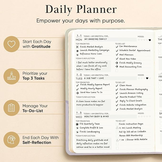 Mantra Planner 2026 Planner, Daily Journal & Gratitude Journal All-In-One with To Do List, Self Care Prompts & Habit Tracker - 7 x 10 - Evening