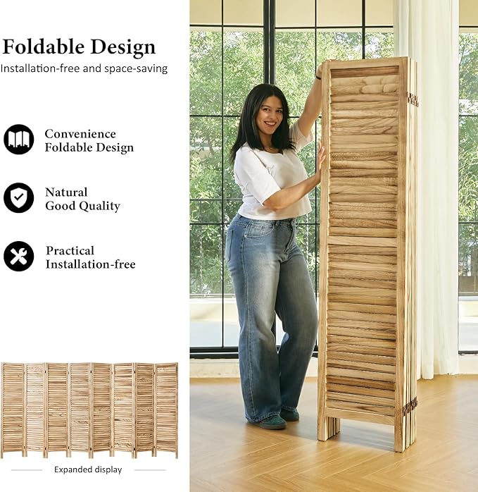 Room Dividers and Folding Privacy Screens, Wood Louvered Separators Divider Wall for Home Office Bedroom - 8 Panels (Natural)