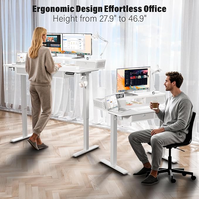 Kingant 55 x 24 Inch Electric Standing Desk with 4 Drawers, Height Adjustable Sit to Stand Computer Desk with Storage Shelf and C-Clamp Mount Compatibility for Home Office, White