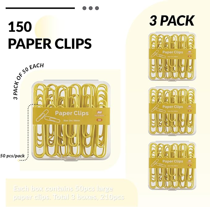 NEEWAY Colorful Large Paper Clips, 2 Inch Jumbo Paper Clips, 150 Count, 3 Pack of 50 (Yellow)