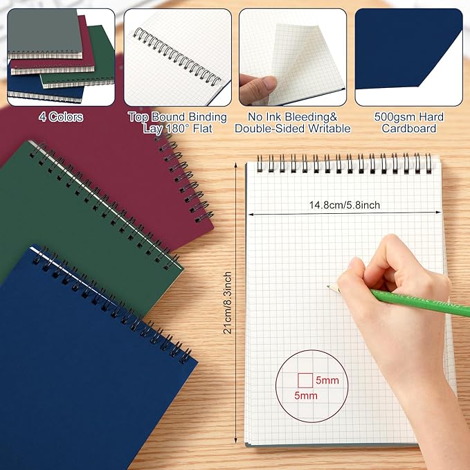 Engrowtic 8 Pack Graph Paper Spiral Notepad A5 Top Wirebound Notepad Grid Notebook Steno Pads Memo Notebook Grid Paper 140 Pages for Writing Sketching Drawing Office Supplies (Multicolor)