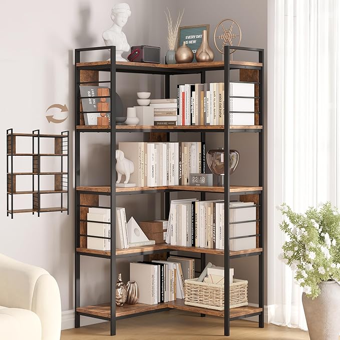 5 Tier Corner Bookshelf, Reversible Corner Shelf, Industrial Wooden Display Book Shelf Stand, L-Shaped Etagere Bookcase with Storage Shelves and Metal Frame for Living Room, Bedroom, Home Office