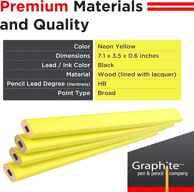 GRAPHITE Hard Lead Carpenter Pencil #2 Lumber Pencil (1) Pack of 12 PCS - Industrial Pencil Wood Flooring Marker for Wood Working Tools Marking & Concrete Marking - Neon Yellow