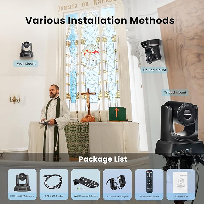 TONGVEO Conference Room PTZ Camera System with 20X Optical Zoom | 1080P 60fps HDMI USB Webcam for Church Streaming Online Video Conference| Compatible with Zoom, OBS | Easy Setup