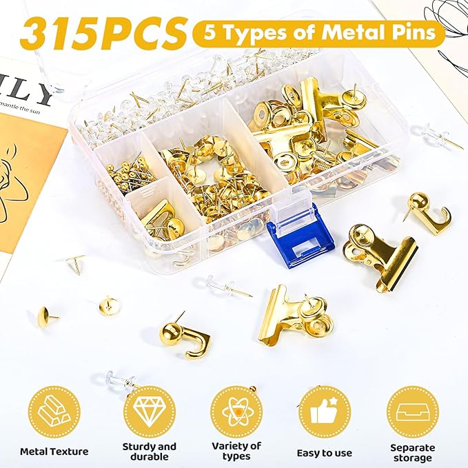 GOOLADA 315Pcs 5 Style Gold Push Pins, Decorative Push Pins, Cute Pushpin Clip, Push Pin Hooks, Gold Metal Thumb Tacks Office Accessories for Cork Board Map Office