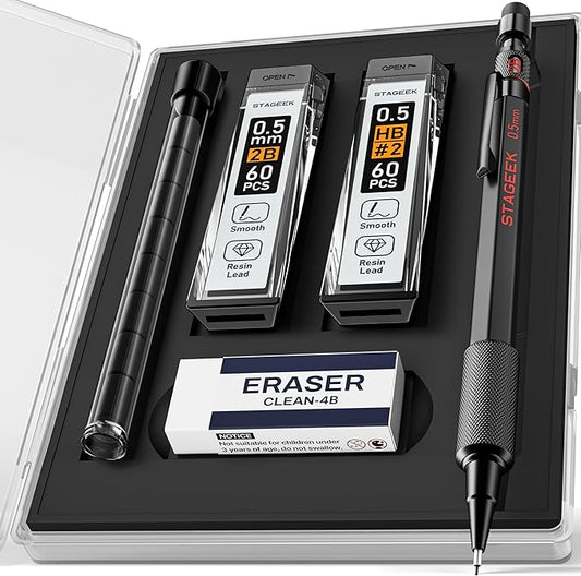 STAGEEK Mechanical Pencils 0.5 with Case, Metal Weatherproof Body Outdoor Artist Mechanical Pencil with 120 PCS HB & 2B Lead Refills, Eraser, for Writing Drafting Drawing and Sketching