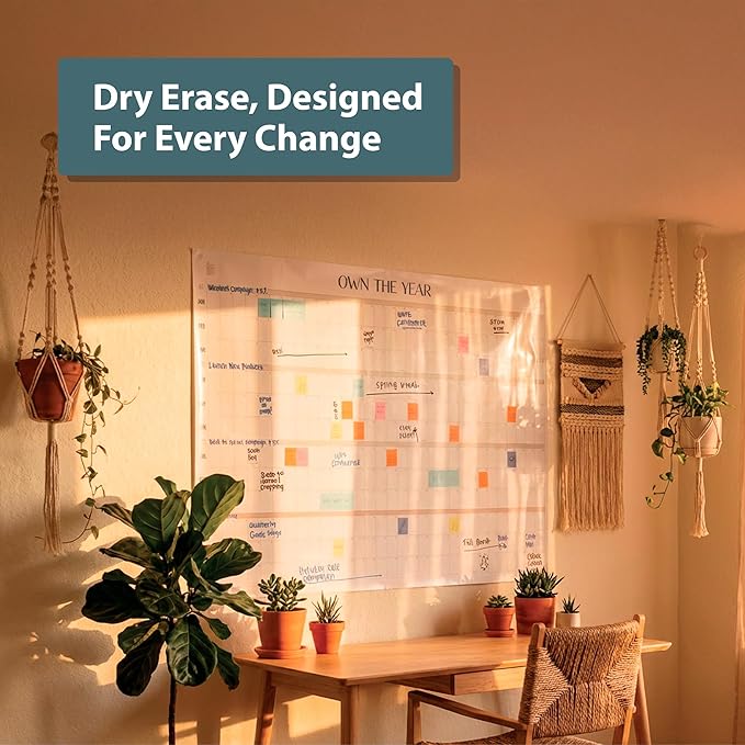 Own the Year GIANT UNDATED Wall Calendar | 4ft x 3ft Full-Year Reusable Dry Erase Planner, Jumbo Whiteboard Wall Calendar with Markers, Includes Stickers & Mounting Kit, Large Quarterly Layout for Home or Office