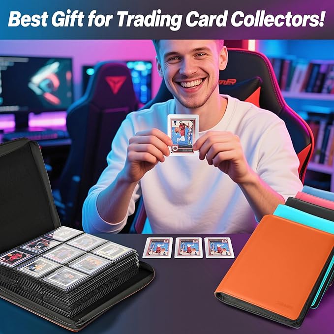 Sibonic 9 Pocket TopLoader Binder, Holds 360 3”x4” Toploader Hard Cases, Sleeves Card Collection Binder, 20 Double Sided Pages, Compatible with Trading & Sports Holder - Orange