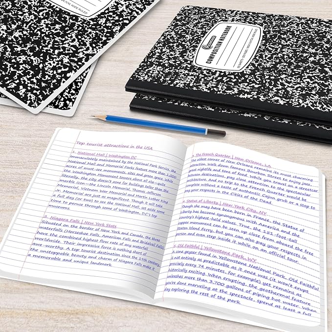 Rosmonde 50 Pack Composition Notebooks Bulk Wide Ruled, 200 Pages (100 Sheets), 9-3/4 x 7-1/2, Hard Cover, Bulk Black Marble Composition Notebook, Bulk Office Notebooks, Bulk Notebooks School Supplies