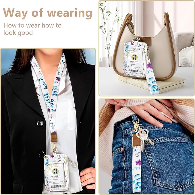 bolimoss 2-in-1 ID Badge Holder & Lanyard Wallet for Womens Cute Floral Zipper Wallet with Removable Wrist & Neck Lanyard, Clear Window, 5 Card Slots, Ring Keychain for Worker Teacher Nurse Couriers