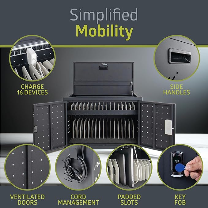 Pearington 16 Device Portable Table Top Charging and Storage Cabinet for iPads, Chromebooks and Laptop Computers, Up to 17-inch Screen Size, Bonus Shelf, Side Handles, Locking Front Door, Cable Clips