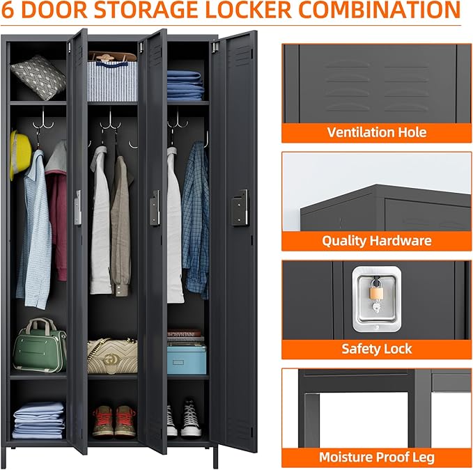 SUPEER Metal Employee Lockers with 3 Doors,Metal Locker with 9 Hooks for Office Gym Garage Home,Assembly Required,Dark Grey