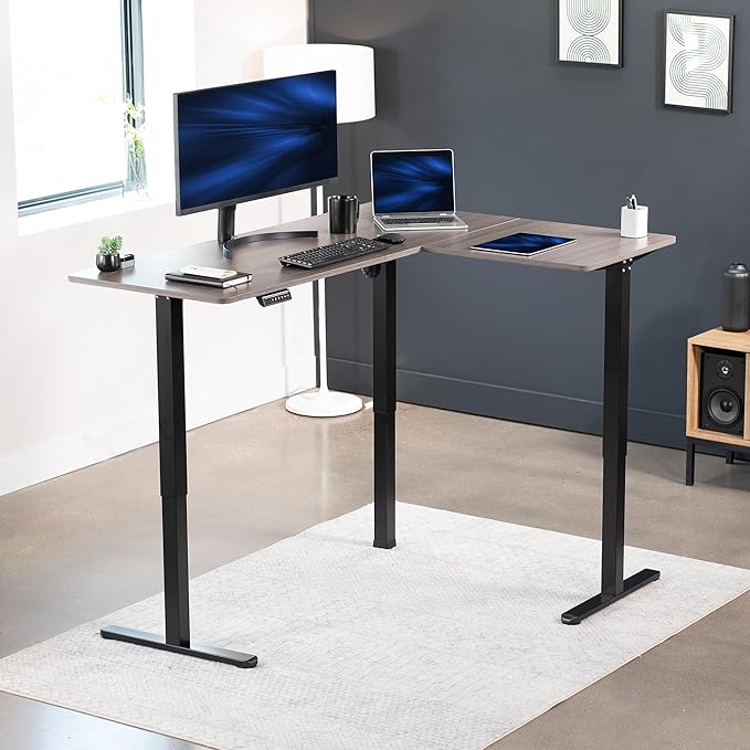 VIVO Electric Corner 63 x 47 inch L-Shaped Standing Desk, Memory Height Adjustment, Dark Gray Top Black Frame, DESK-E3CTG-47