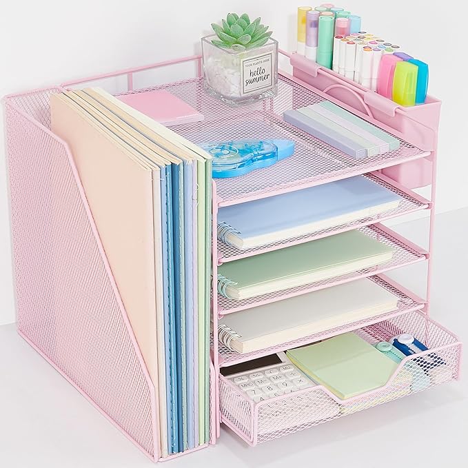 Gugsey Desk Organizer, 5-Tier Paper Letter Tray Organizer with File Holder, Drawer and Pen Holder, Desktop Organizer for Office Supplies, Pink
