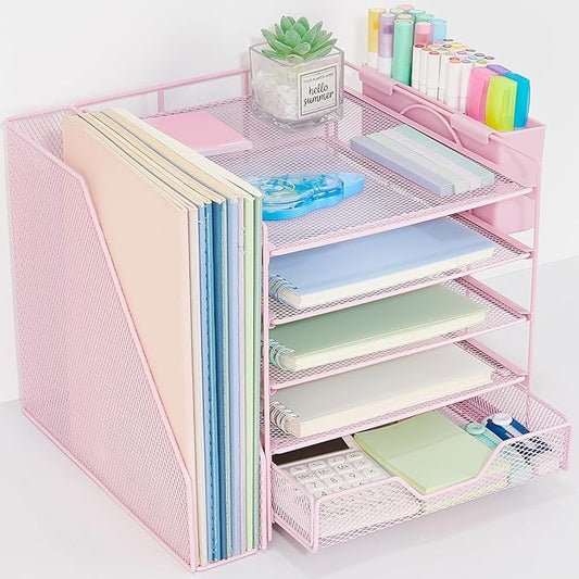 Gugsey Desk Organizer, 5-Tier Paper Letter Tray Organizer with File Holder, Drawer and Pen Holder, Desktop Organizer for Office Supplies, Pink