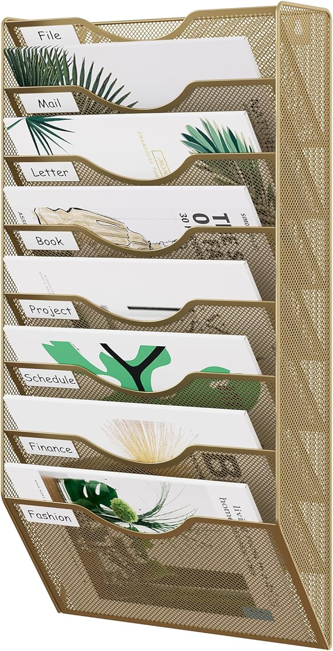 EasyPAG 8 Pocket Mesh Wall File Organizer, Hanging Paper Folder Holder with Classify Label, Vertical Wall Mount Mail Organizer for Office Home Classroom, Gold