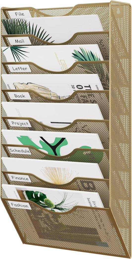 EasyPAG 8 Pocket Mesh Wall File Organizer, Hanging Paper Folder Holder with Classify Label, Vertical Wall Mount Mail Organizer for Office Home Classroom, Gold
