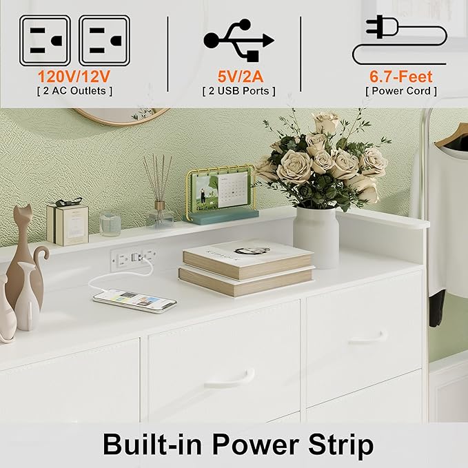 Welfuturer White Dresser with LED Lights and Charging Station for Bedroom 12 Drawers Dressers & Chest of Drawers Tall Dressers for Hallway Entryway Closets Living ROM Sturdy Steel Frame Wood Top