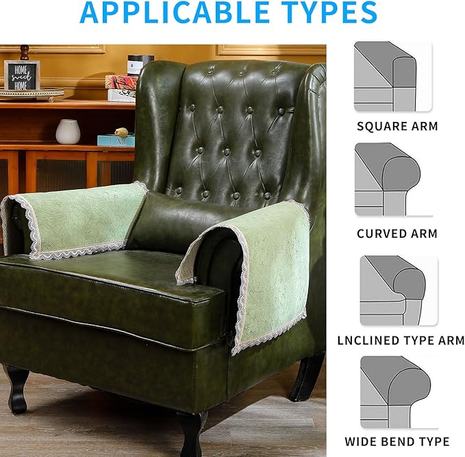 MINJIATEX Couch arm Covers,Non-Slip lace Sofa arm Covers Set of 2 Washable Sofa armrests Cover for Living Room Recliner Chair arm Cover Protectors for Leather armrest (FH-Sage Green)