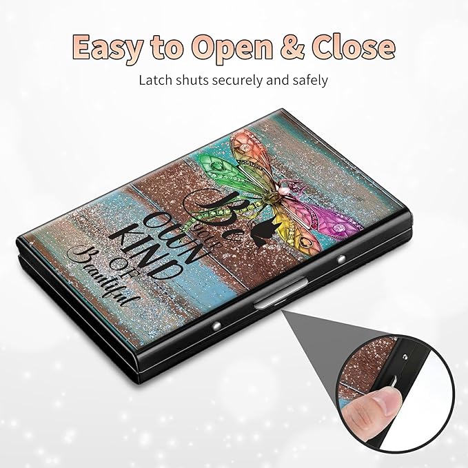 BWEGRHE Slim Credit Card Holder, Dragonfly Glitter Wood RFID Blocking Metal Wallet for Men & Women, Aluminum Minimalist Hard Case Pocket-Sized Business Cards Organizer (Fits Up to 10 Cards)