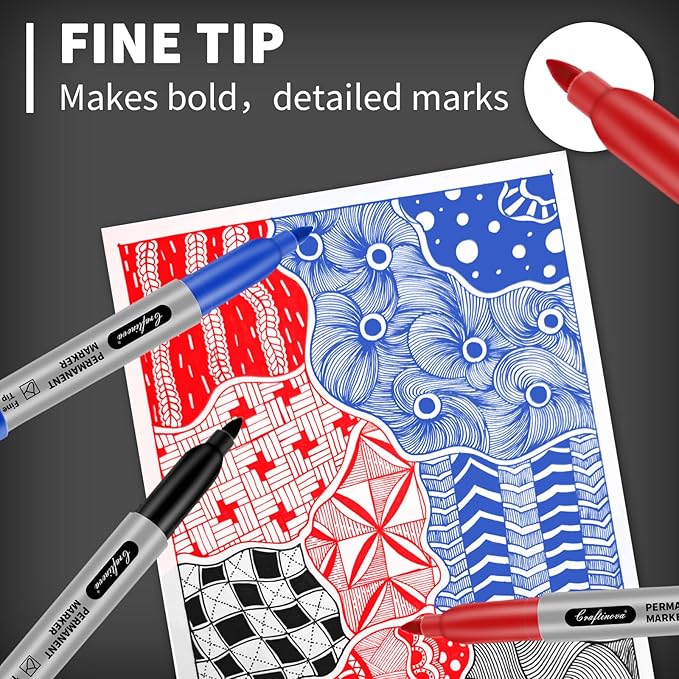 craftinova Fine Point Assorted Colors Permanent Markers Set, Works on Paper, Plastic, Metal, etc., for Adults, Artist, Teacher, Kids, Black, Blue, Red, 15 Count