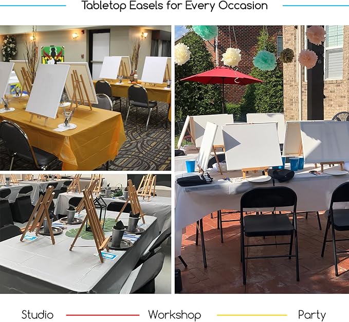MEEDEN Small Tabletop Easel Stand: 16" x 12 Pack Pine Wood Table Top Display Stand for Painting - Black Mini Wooden Easel for Sign Picture Party Classroom