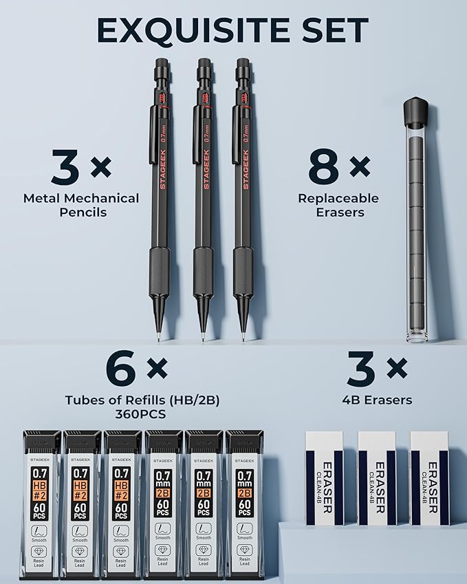 STAGEEK 0.7mm Mechanical Pencil Set, 3PCS Metal Mechanical Pencils 0.7mm with 6 Tubes HB & 2B Lead Refills,Erasers, Weatherproof Artist Pencils with Case for Outdoor Writing Drafting Drawing