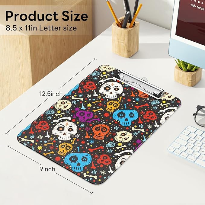 Luminzo Plastic Cute Clipboard Low-Profile Metal Clip, A4 Letter Size 9 x 12.5 in, 8.5 x 11 Paper Clip Board for Teachers, Nurses, Classroom,Cute Skulls