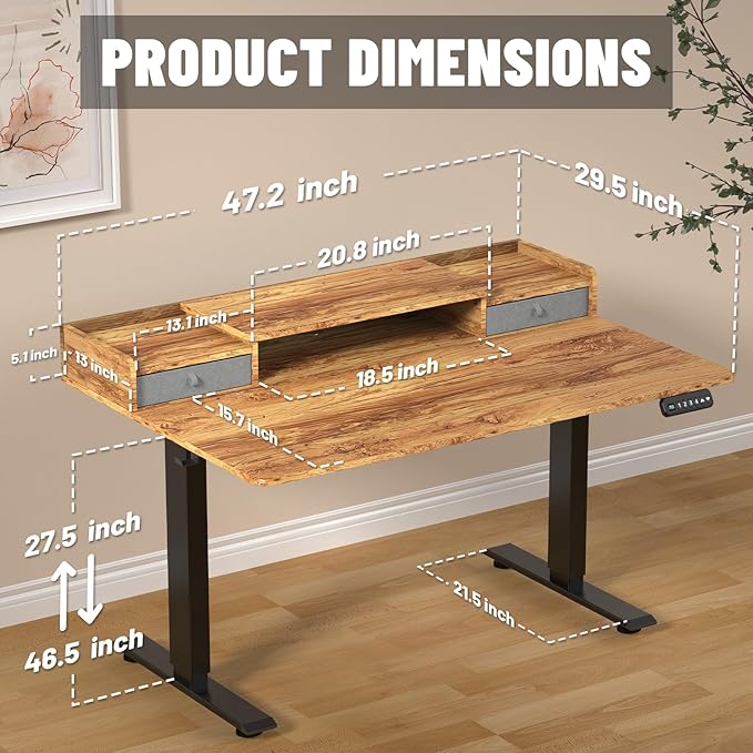 ExaDesk 48 x 30 Inch Electric Standing Desk with 2 Drawers, Adjustable Height Widened Stand Up Desk with Storage, Sit to Stand Ergonomic Workstation for Home Office, Light Rustic
