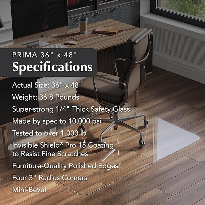 Vitrazza Glass Chair Mat 36” x 48” Superior ¼ Thick, Chiaro Standard Clear, Certified Tempered Safety Glass, Delivers a Smooth Glide, Protects Carpet or Wood, Beautiful in Home or Office.
