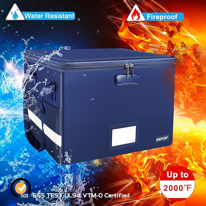ENGPOW File Box with Lock, Fireproof Document Box with Zipper＆Pockets, Collapsible File Organizer Filing Storage Cabinet with Handle, Portable Home Office Safe for Hanging Letter/Legal Folder, Blue