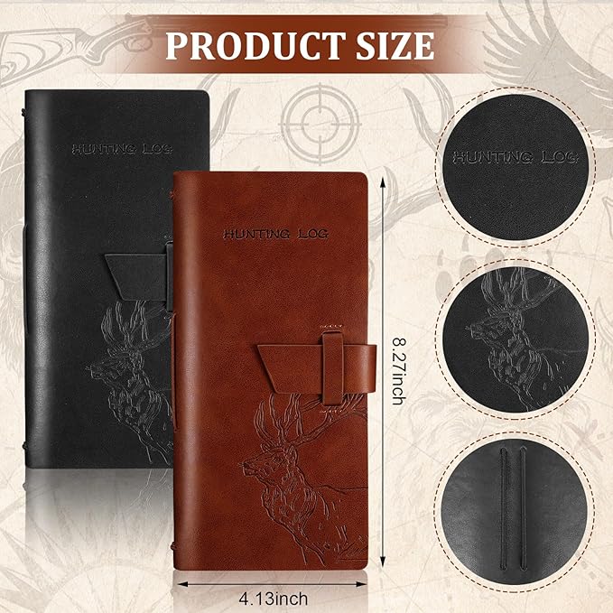Eaasty 2 Pcs Leather Hunting Log Book Elk Hunting Journal Notebook for Men Designed for Huntsman to Record Hunt Details for Dad Husband Father's Day Birthday Gift, 96 Pages(Black, Brown)
