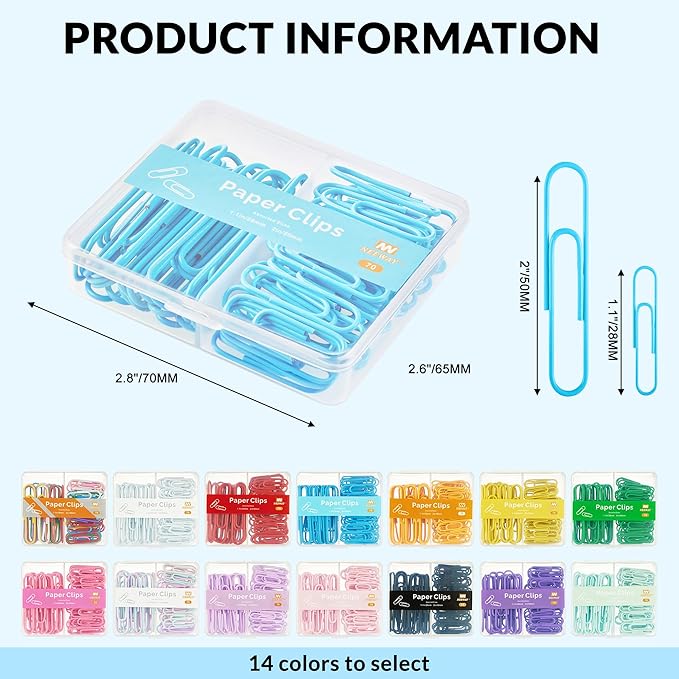 NEEWAY Colorful Paper Clips Assorted Sizes, Small and Large Paperclips, 210 Count, 3 Pack of 70 (Blue)