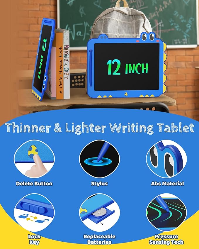 Kikapabi LCD Writing Tablet for Kids, 12 inch Dinosaur Doodle Board Toys Gifts for Boys Girls Age 3 4 5 6 7 Year Old, Mess-Free Drawing Pad Portable Learning Travel Toy Birthday Christmas Gift Blue