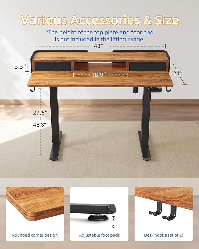 YIHAYO Electric Standing Desk with Drawers, 48 x 24 Inches Adjustable Desk with Storage Shelf, Stand Up Desk with Splice Board, Computer Table for Home Office, Black Frame/Rustic Brown Top