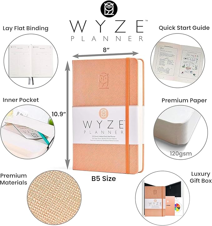 Wyze Planner Undated Daily Planner – 1-Year B5 Productivity Organizer with Two-Page Weekly Spread, Goal Setting, Habit Tracker, Weekly & Monthly Pages – Hardcover Time Management Notebook (Rose Gold)