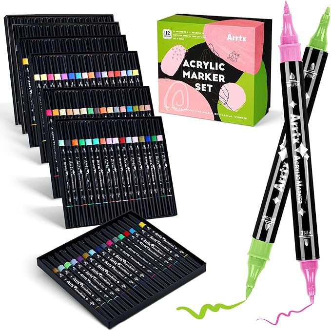 Arrtx Dual Tip Acrylic Markers 112 Colors,Brush and Fine Tip Acrylic Paint Pens Paint Coloring Drawing Markers for Rock Painting,Wood,Canvas,Glass,Stone,Plastic,Fabric Art Supply